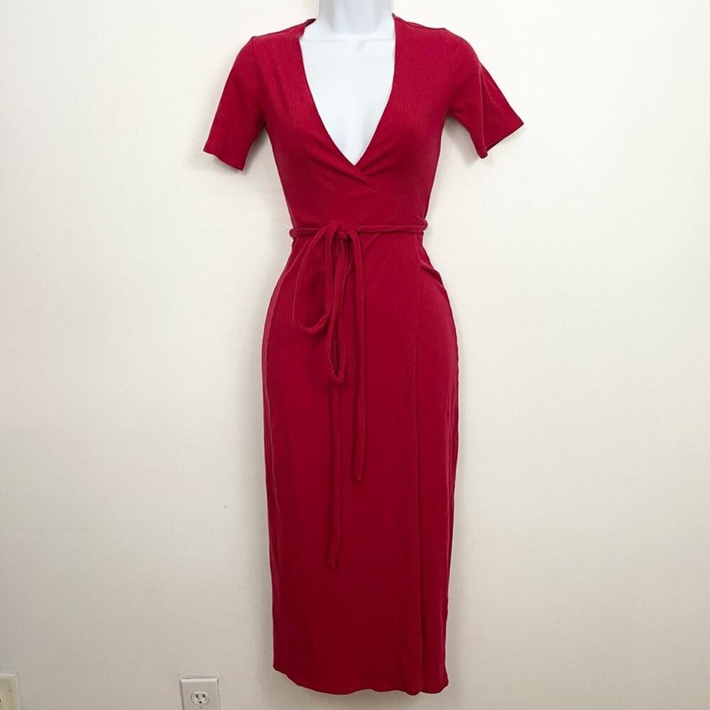 REFORMATION Red Ribbed Wrap Midi Dress Women's Size XS